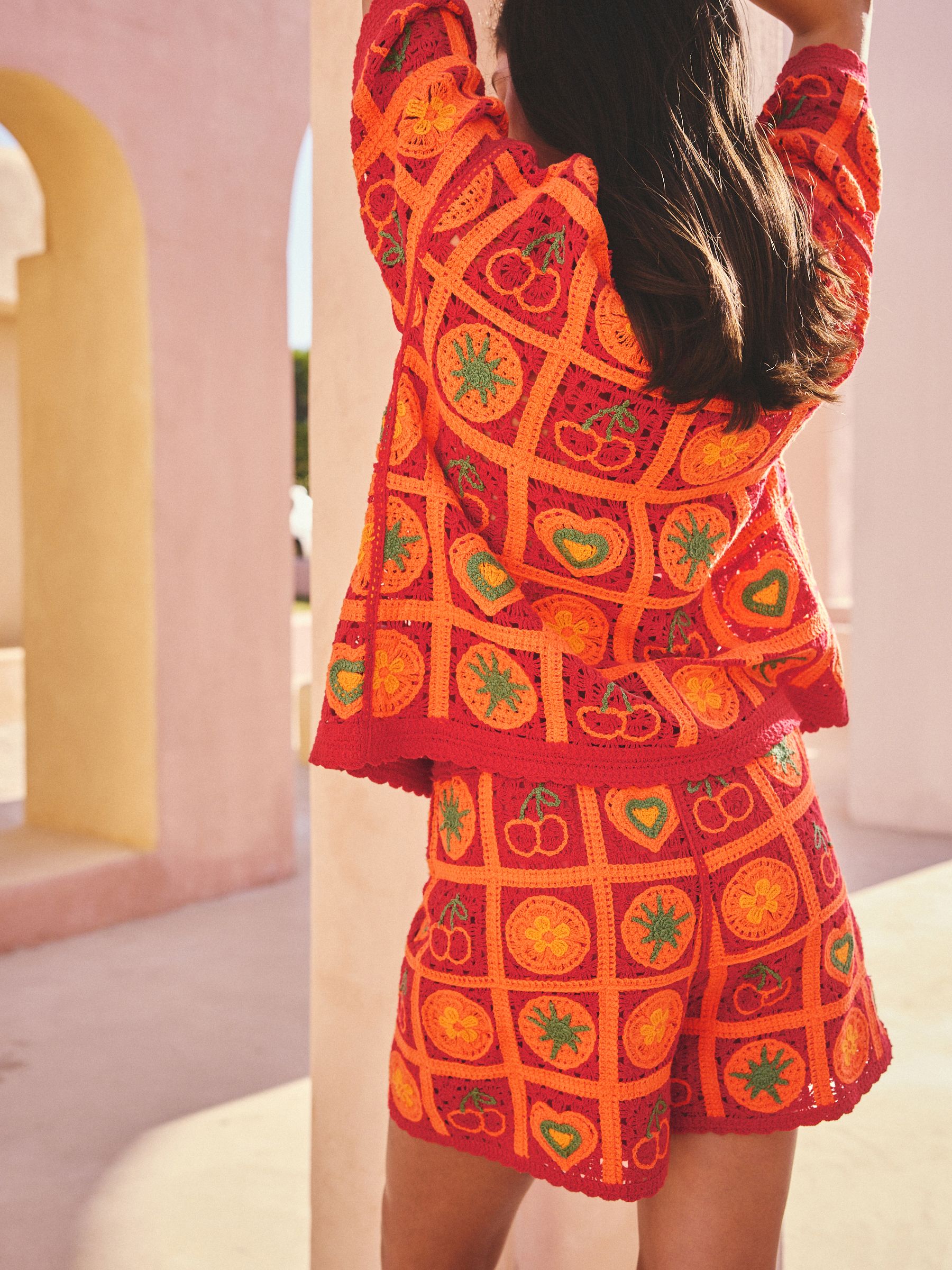 Buy Red/Orange Fruit - Crochet Short Sleeve Collared Shirt з сайту