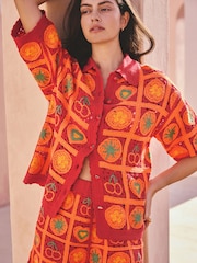 طماطم حمراء/برتقالية - قميص محبوك بأكمام قصيرة كروشيه منسق - صورة 4 من 8