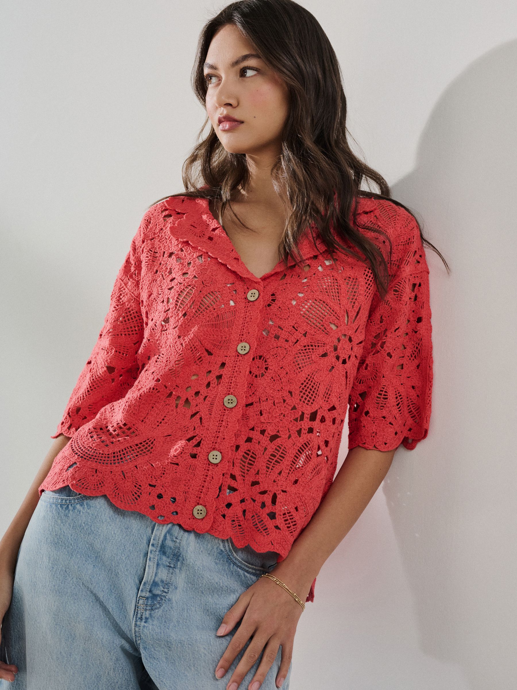 Buy Red Floral Crochet Short Sleeve Collared Shirt from the Next