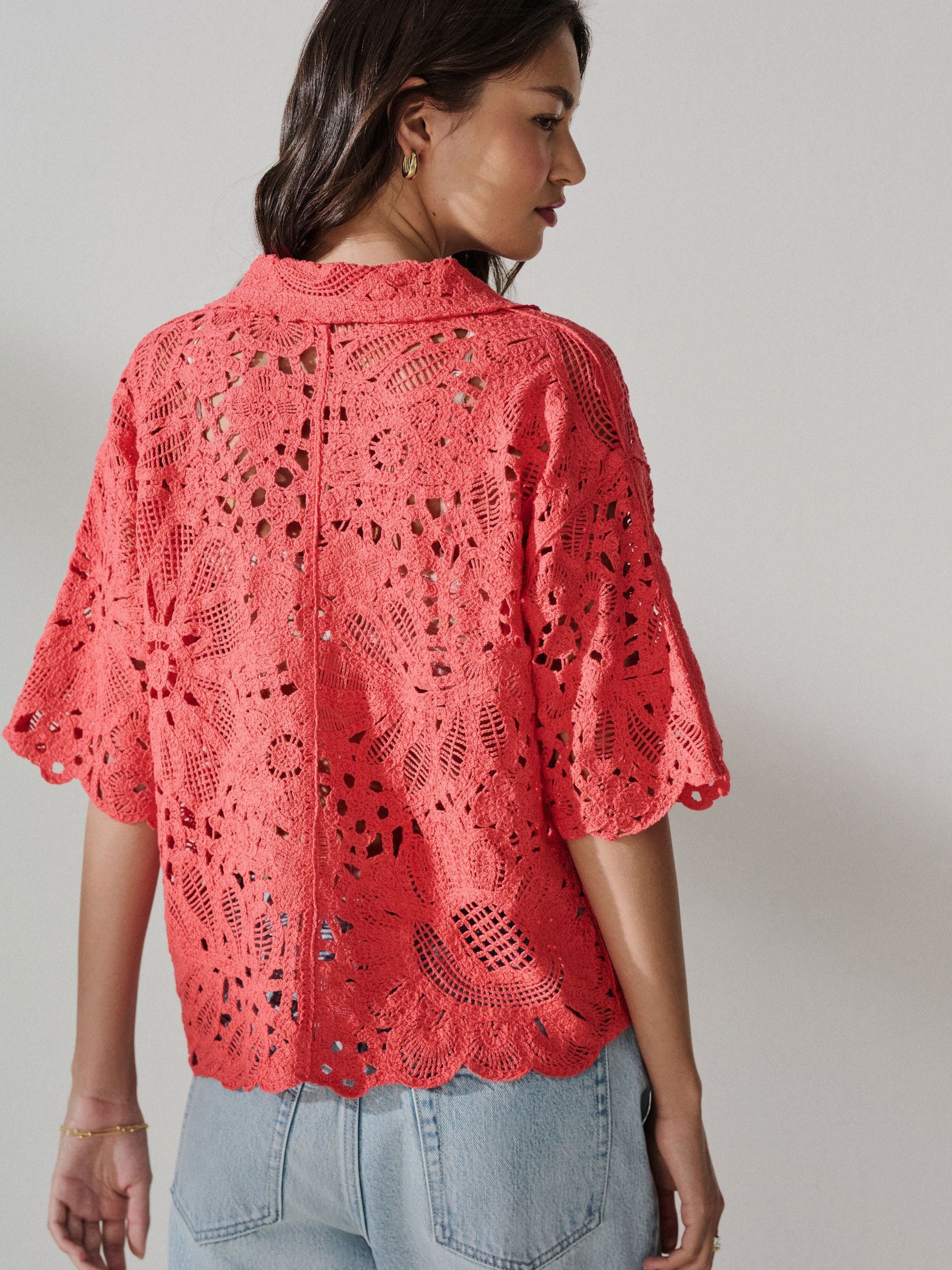 Buy Red Floral Crochet Short Sleeve Collared Shirt from Next USA