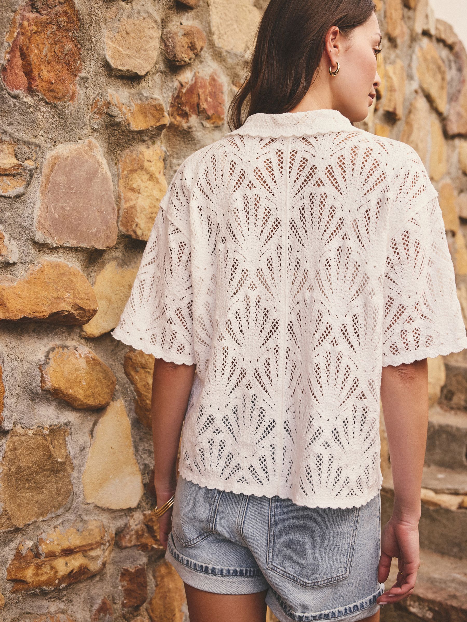 Buy White Shell Pattern Crochet Short Sleeve Collared Shirt from