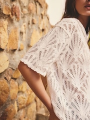 White Shell Pattern Crochet Short Sleeve Open Collared Shirt - Image 5 of 8