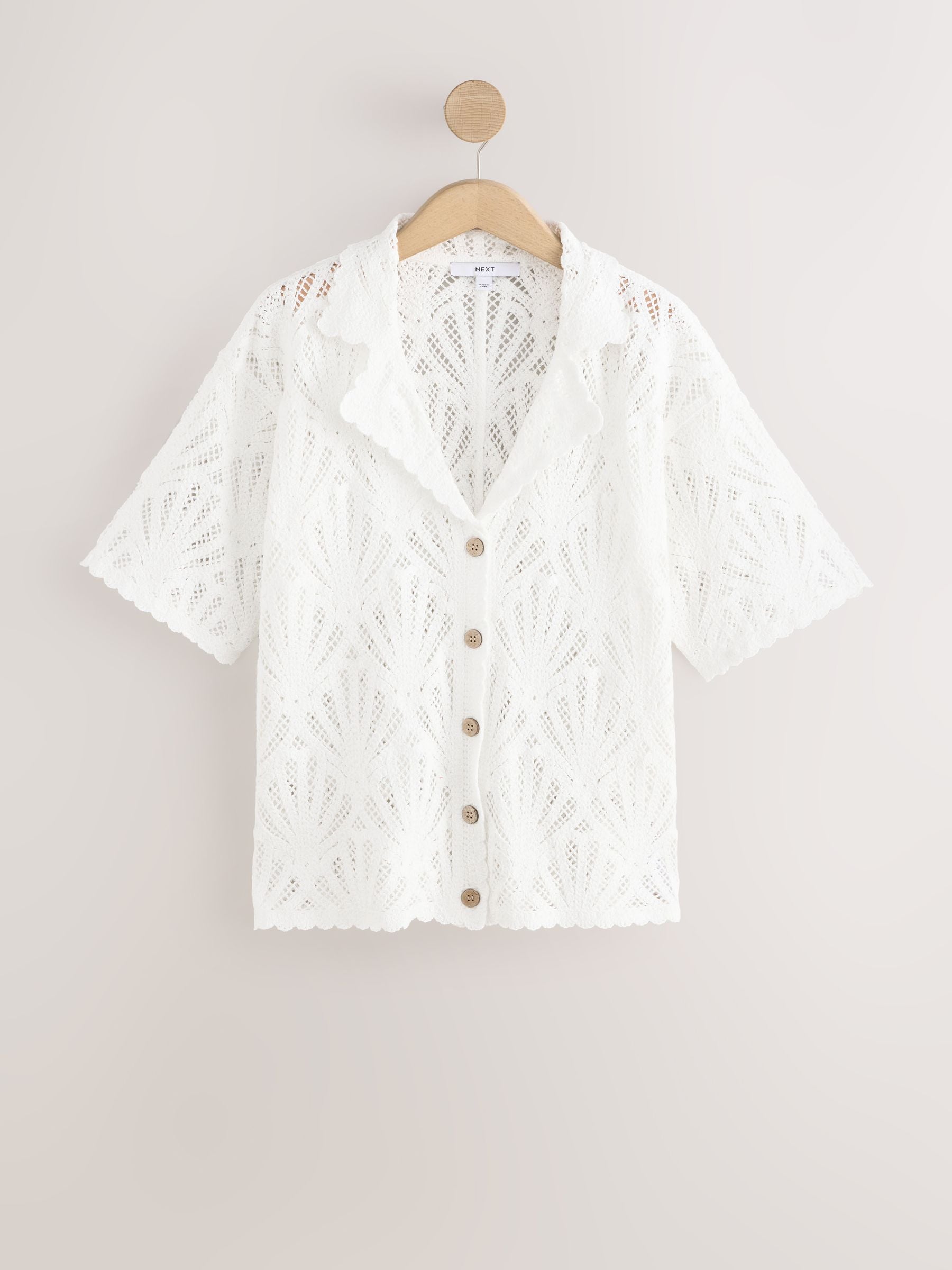 Buy White Shell Pattern Crochet Short Sleeve Collared Shirt from