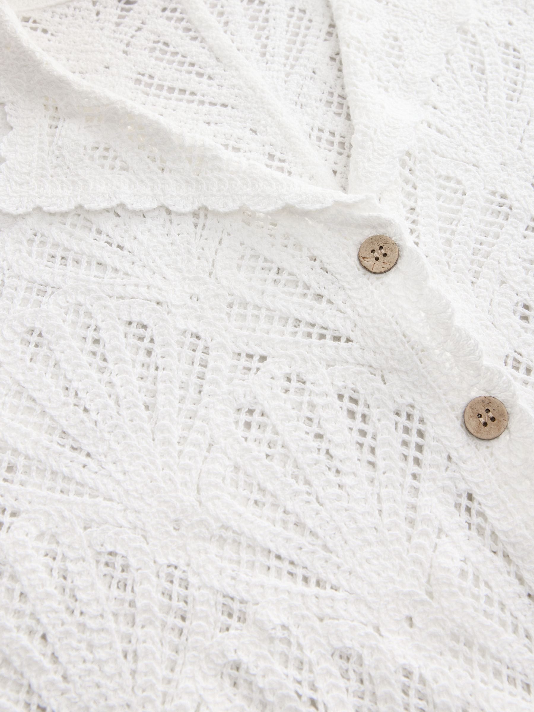 Buy White Shell Pattern Crochet Short Sleeve Collared Shirt from