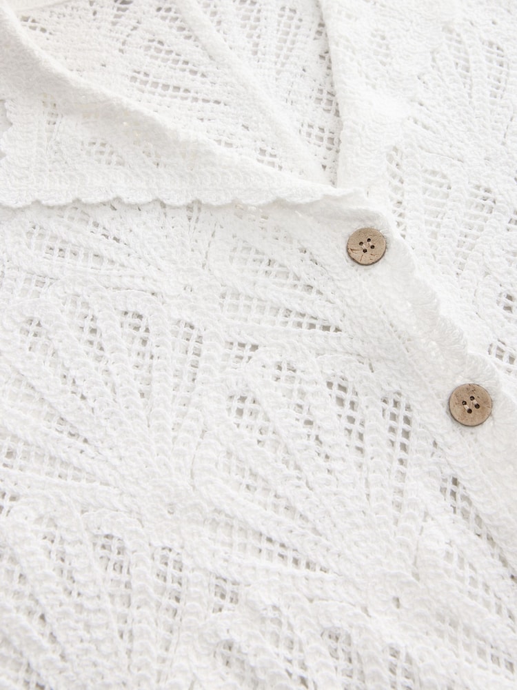 White Shell Pattern Crochet Short Sleeve Open Collared Shirt - Image 8 of 8