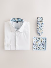 White/Light Blue Floral Slim Fit 100% Cotton Shirt, Tie, Pocket Square and Pin Kew Garden Occasion Set - Image 1 of 10