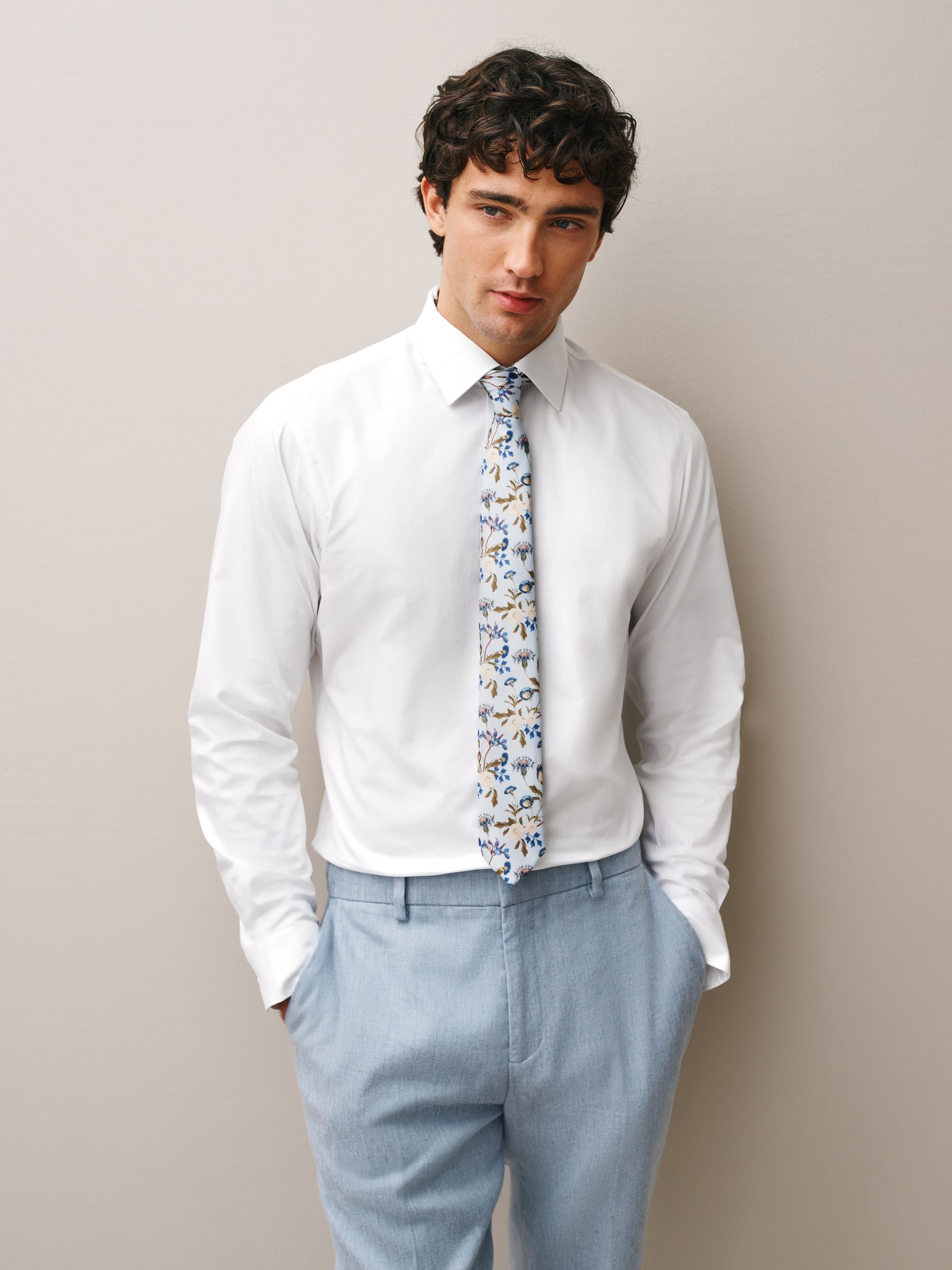 Buy White/Light Blue Floral Slim Fit 100% Cotton Shirt, Tie and