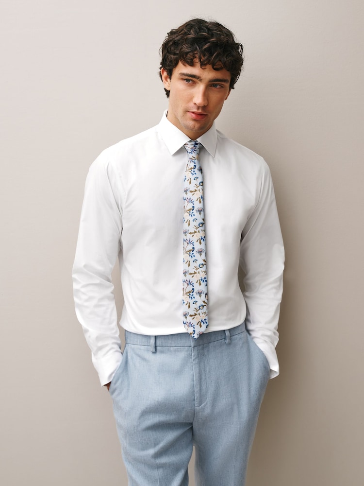 White/Light Blue Floral Slim Fit 100% Cotton Shirt, Tie, Pocket Square and Pin Kew Garden Occasion Set - Image 2 of 10