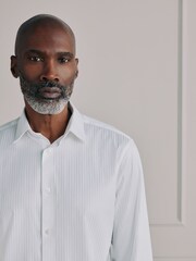 White Self Stripe Slim Fit Signature Cotton Smart Shirt - Image 1 of 9