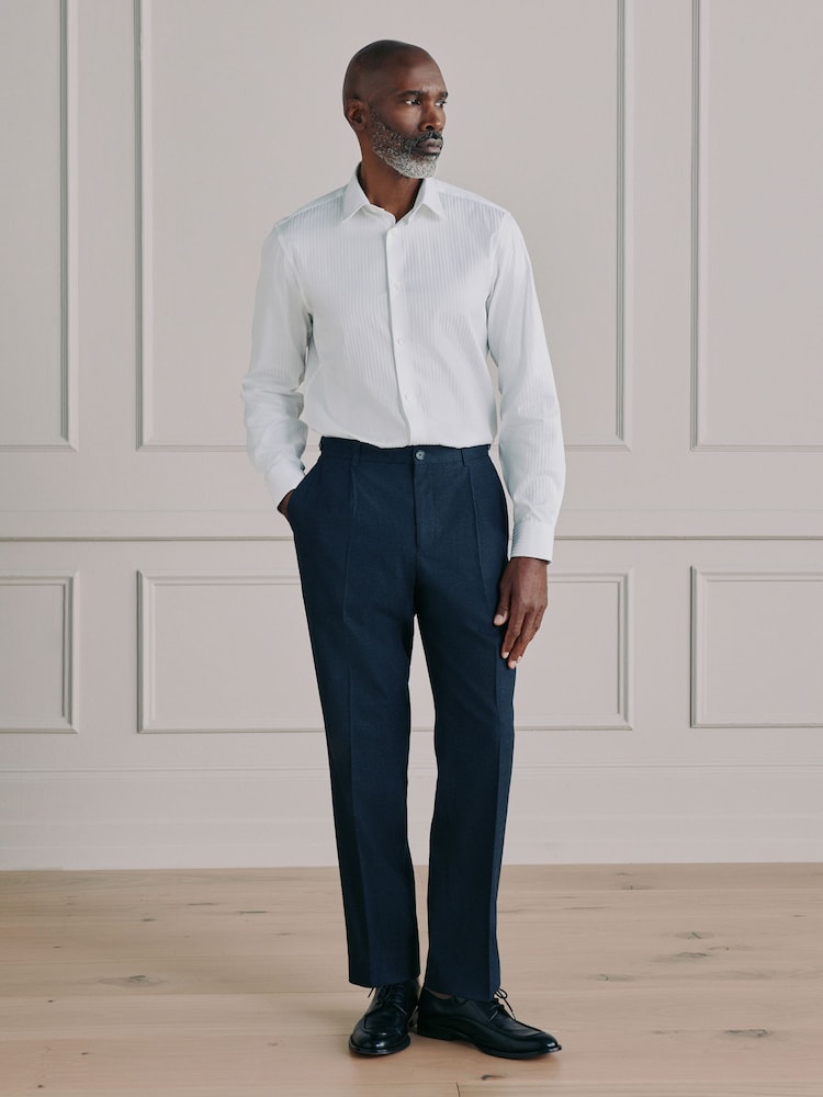 White Self Stripe Slim Fit Signature Cotton Smart Shirt - Image 2 of 9