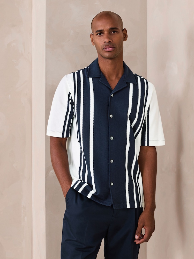 Blue/Ecru Regular Fit Short Sleeve Jersey Stripe Shirt - Image 1 of 8