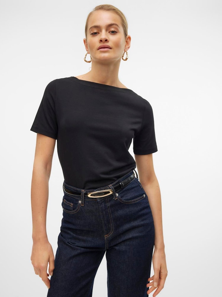 VERO MODA Black Short Sleeve Boat Neck T-Shirt - Image 1 of 5
