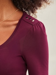 Sosandar Red Scoop Neck Top With Gold Buttons - Image 4 of 5