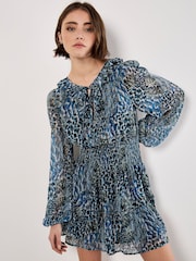 Apricot Blue Feather Patchwork Ruffle Dress - Image 1 of 5