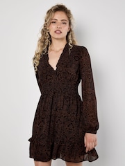 Apricot Brown Paisley Print Ruffle Detail Dress - Image 1 of 5