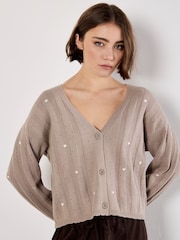 Apricot Brown Embroider Heart Pointelle Cardigan - Image 1 of 4