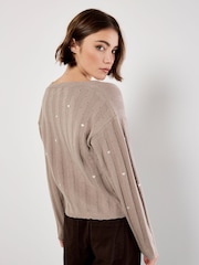Apricot Brown Embroider Heart Pointelle Cardigan - Image 3 of 4