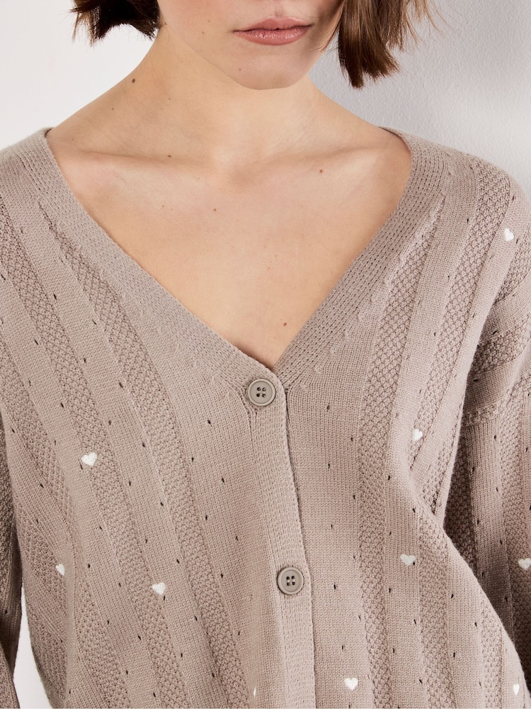 Apricot Brown Embroider Heart Pointelle Cardigan - Image 4 of 4 Apricot Brown Embroider Heart Pointelle Cardigan - Image 4 of 4