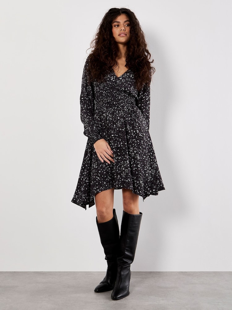 Apricot Grey Leopard Smock Waist Hanky Hem Dress - Image 1 of 4