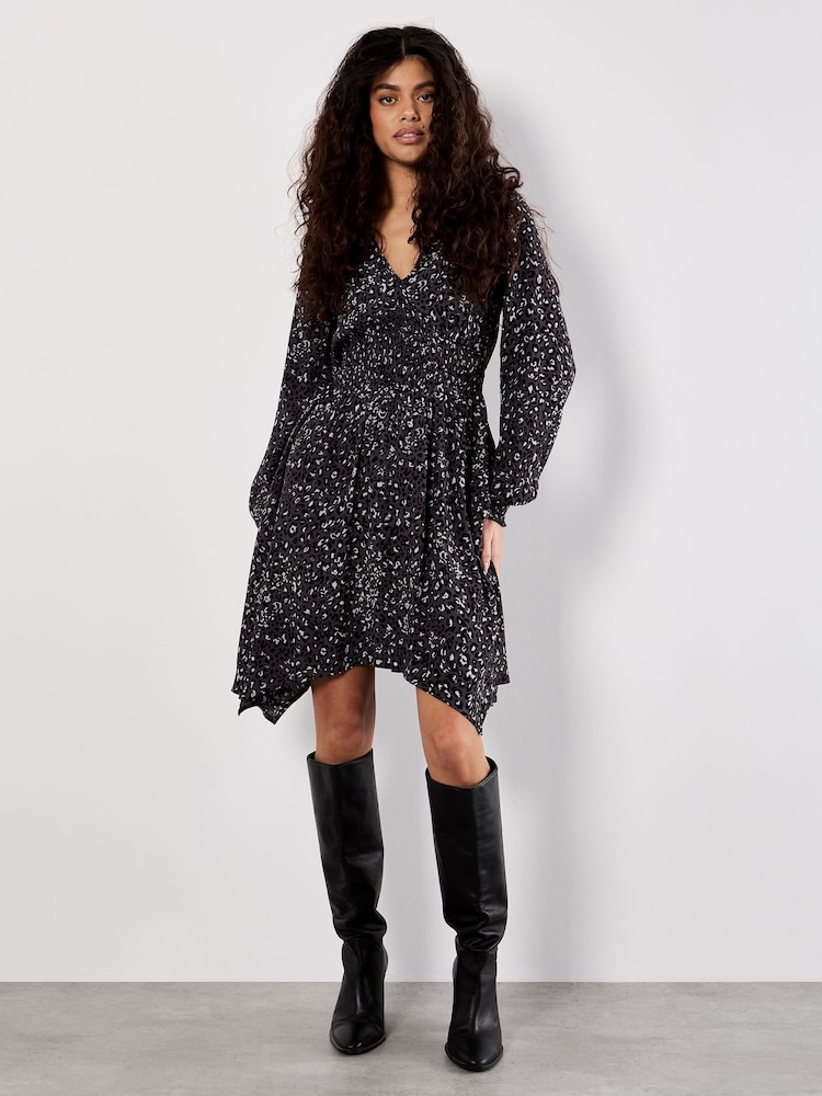 Apricot Grey Leopard Smock Waist Hanky Hem Dress - Image 2 of 4