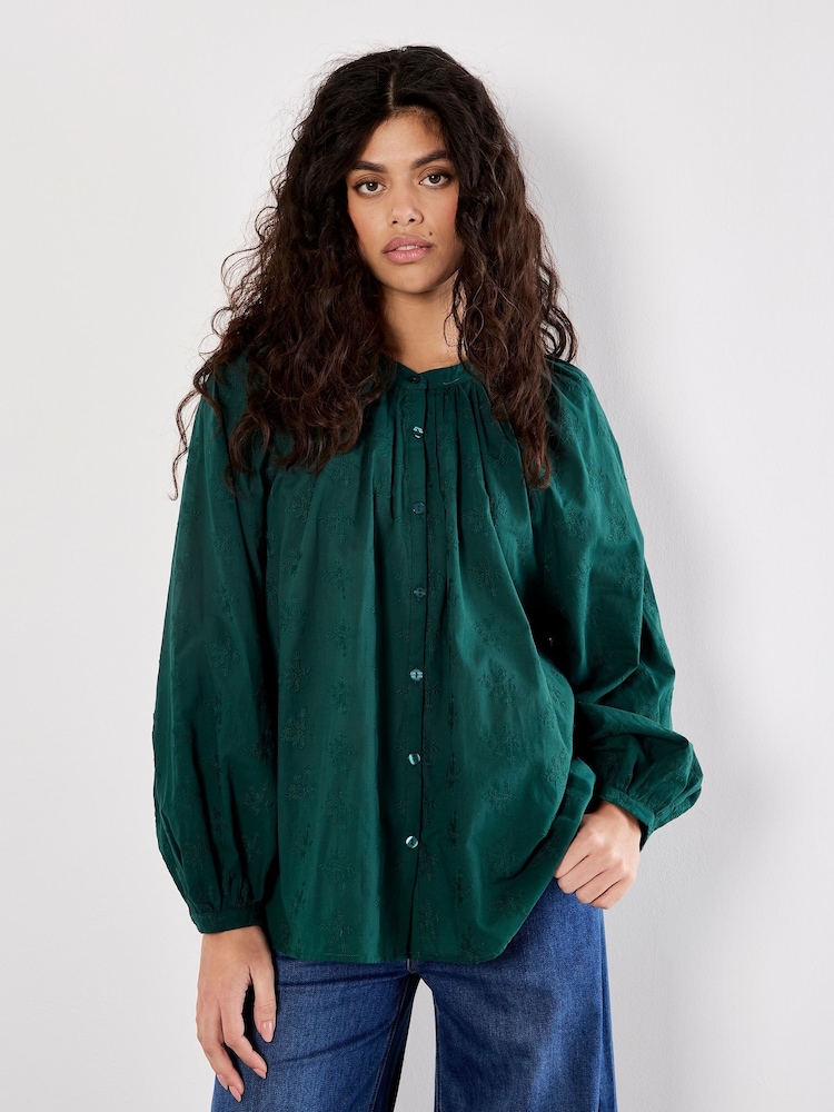 Apricot Green Embroided Cotton Shirt - Image 2 of 4