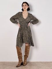 Apricot Green Leopard Smock Waist Hanky Hem Dress - Image 1 of 4