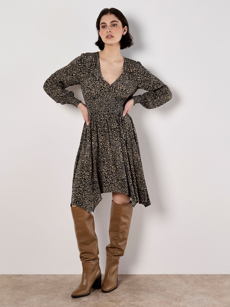 Apricot Green Leopard Smock Waist Hanky Hem Dress - Image 1 of 4