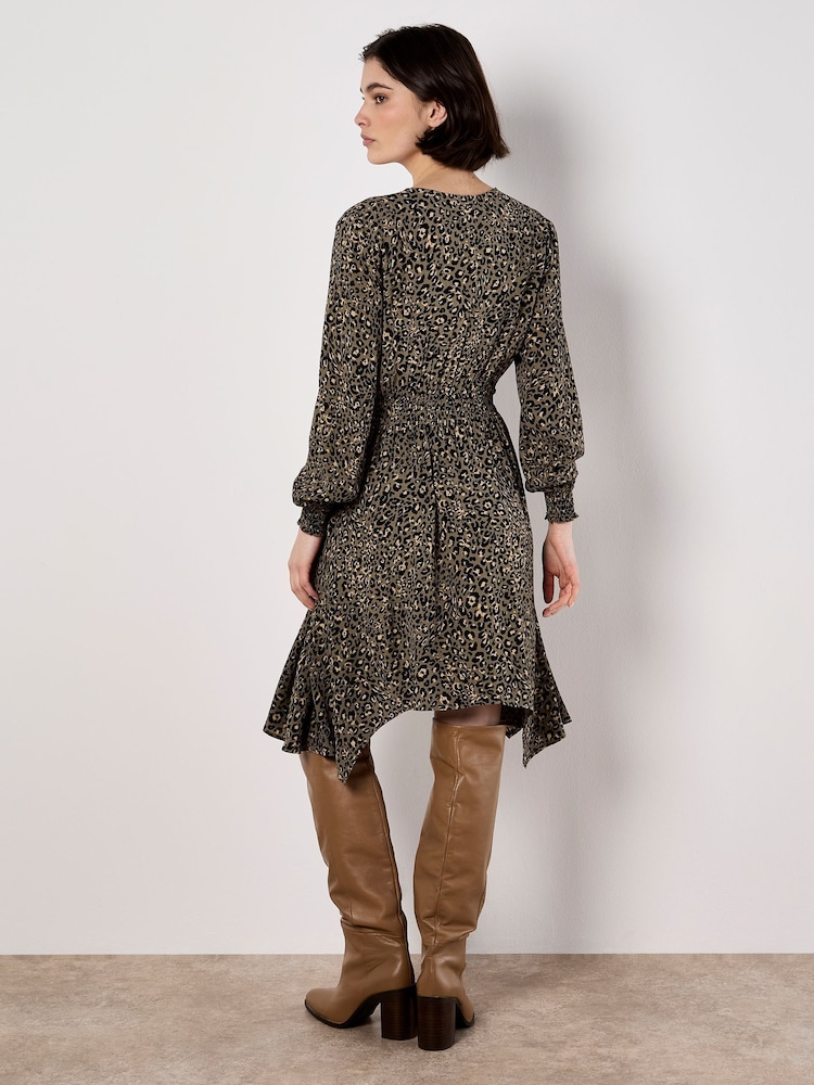 Apricot Green Leopard Smock Waist Hanky Hem Dress - Image 4 of 4