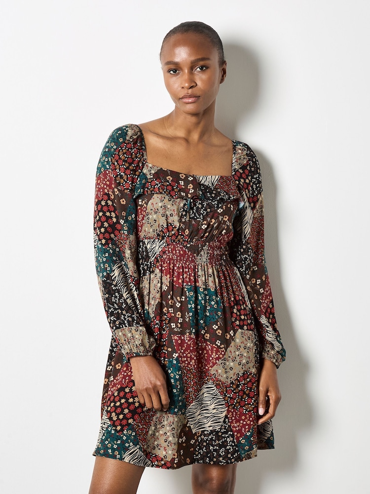 Apricot Brown Milkmaid Patchwork Mini Dress - Image 1 of 4