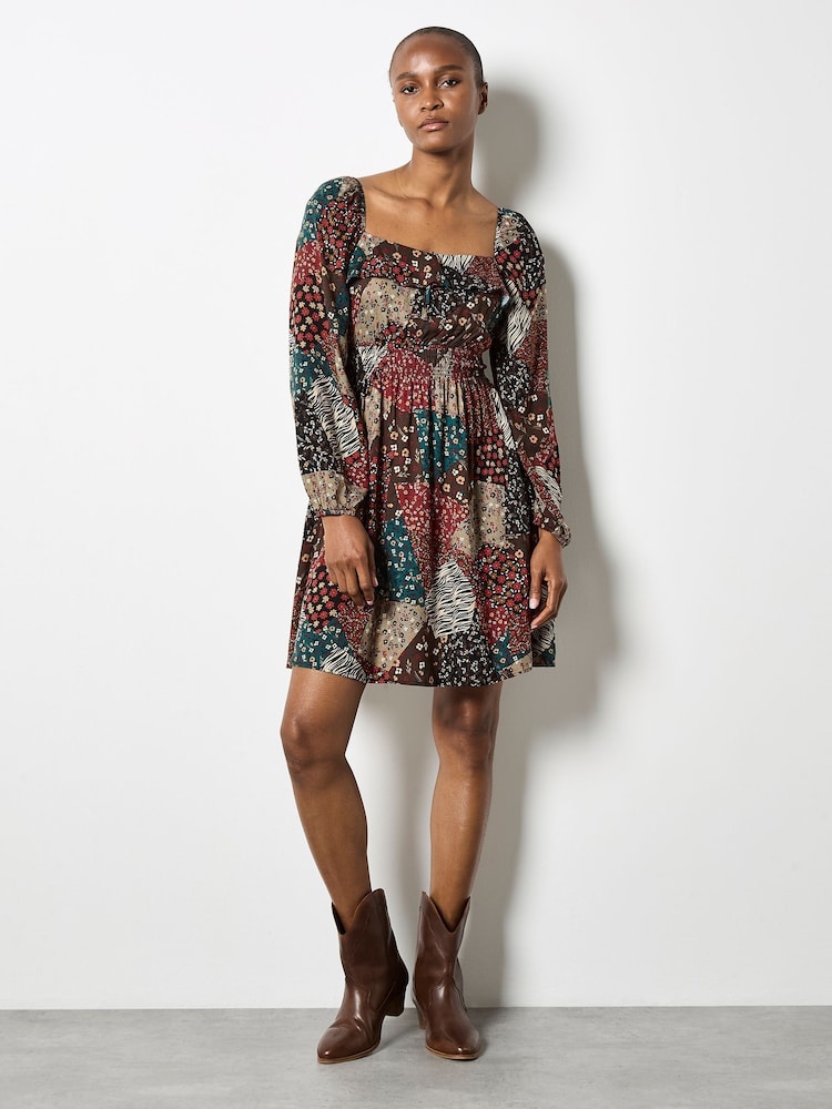 Apricot Brown Milkmaid Patchwork Mini Dress - Image 4 of 4