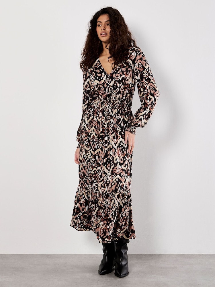 Apricot Black Tonal Ikat Button Midaxi Dress - Image 1 of 5