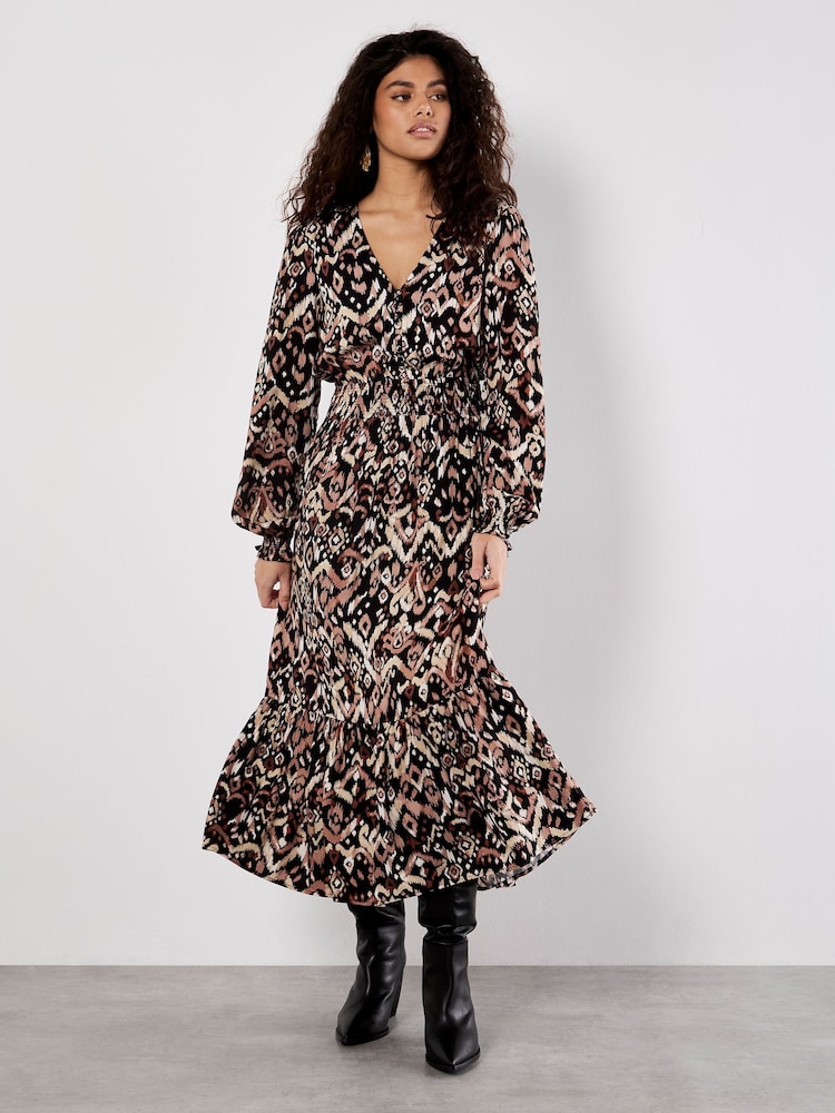 Apricot Black Tonal Ikat Button Midaxi Dress - Image 2 of 5