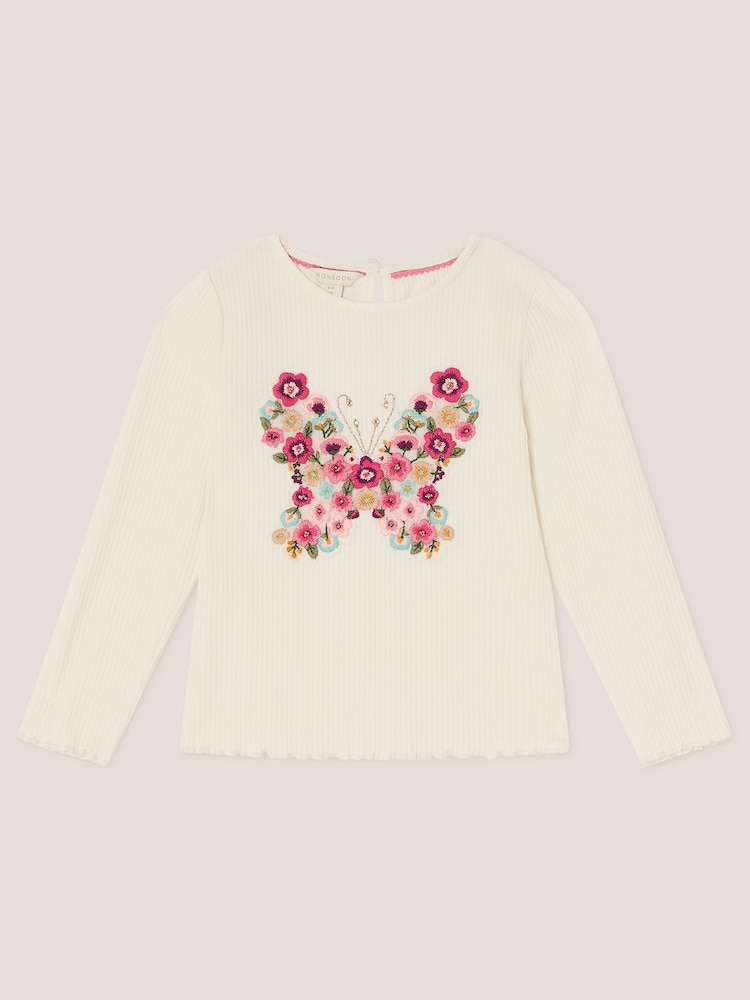 Monsoon Cream Butterfly Embroidered Ribbed Top - Image 1 of 3 Monsoon Cream Butterfly Embroidered Ribbed Top - Image 1 of 3