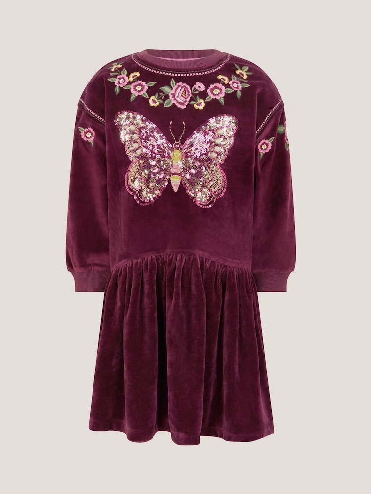 Monsoon Red Butterfly Embellished Velour Dress - Image 1 of 3