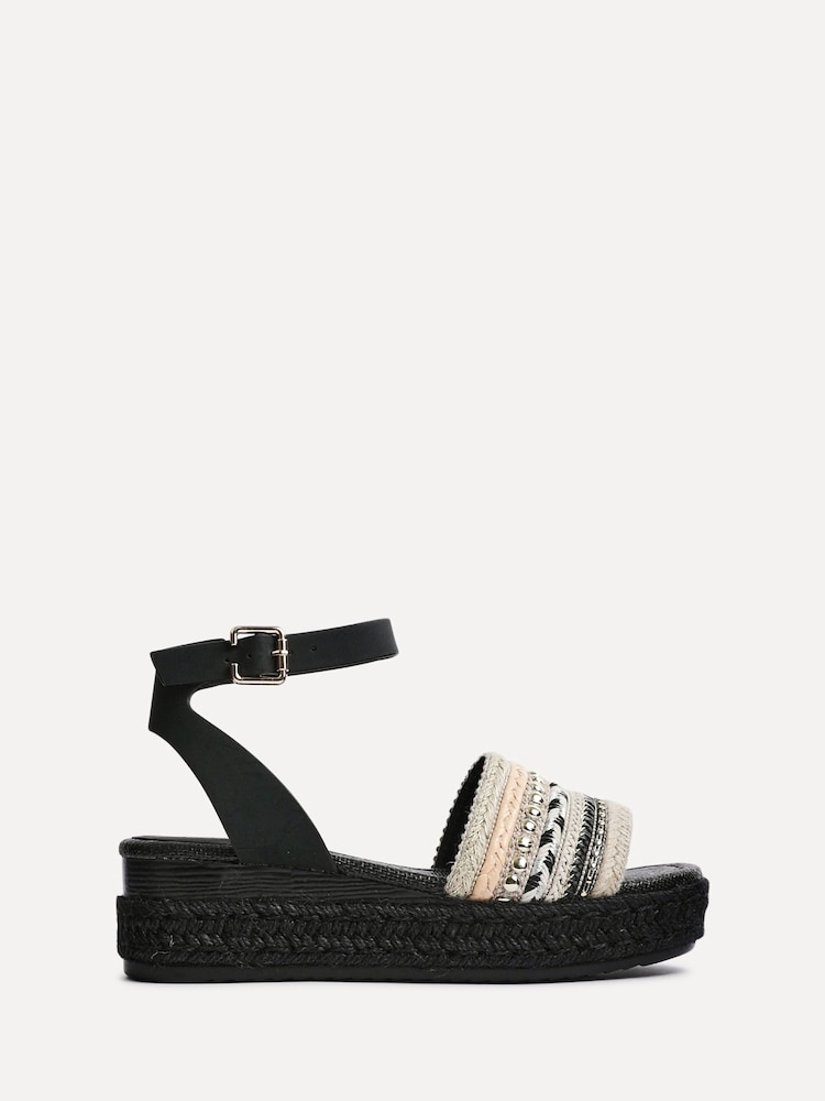 Linzi Black Vista Embellished Woven Espadrille Inspired Flatform Sandals - Image 2 of 5 Linzi Black Vista Embellished Woven Espadrille Inspired Flatform Sandals - Image 2 of 5