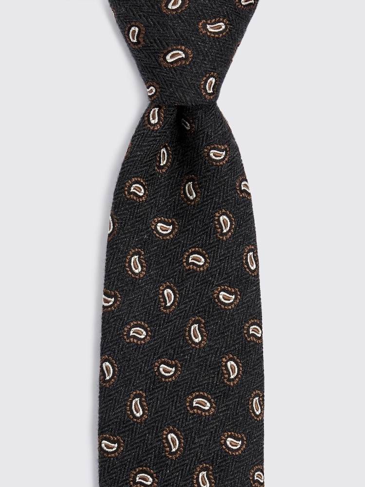 MOSS Italian Grey Herringbone Paisley Tie - Image 2 of 2 MOSS Italian Grey Herringbone Paisley Tie - Image 2 of 2