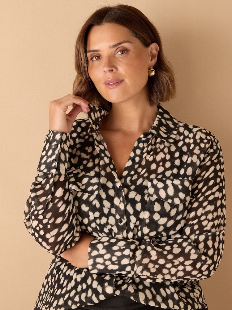 Live Unlimited Black Animal Print Sheer Patch Pocket Shirt - Image 2 of 2 Live Unlimited Black Animal Print Sheer Patch Pocket Shirt - Image 2 of 2