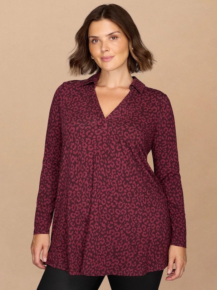 Live Unlimited Purple Print Long Sleeve Polo Collar Tunic - Image 1 of 3 Live Unlimited Purple Print Long Sleeve Polo Collar Tunic - Image 1 of 3