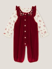 Monsoon Red Newborn Floral Top & Velour Dungarees Set - Image 1 of 3