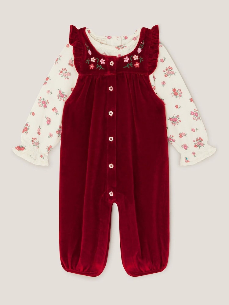 Monsoon Red Newborn Floral Top & Velour Dungarees Set - Image 1 of 3 Monsoon Red Newborn Floral Top & Velour Dungarees Set - Image 1 of 3