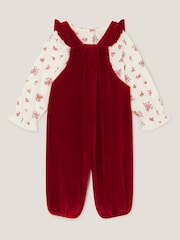 Monsoon Red Newborn Floral Top & Velour Dungarees Set - Image 2 of 3