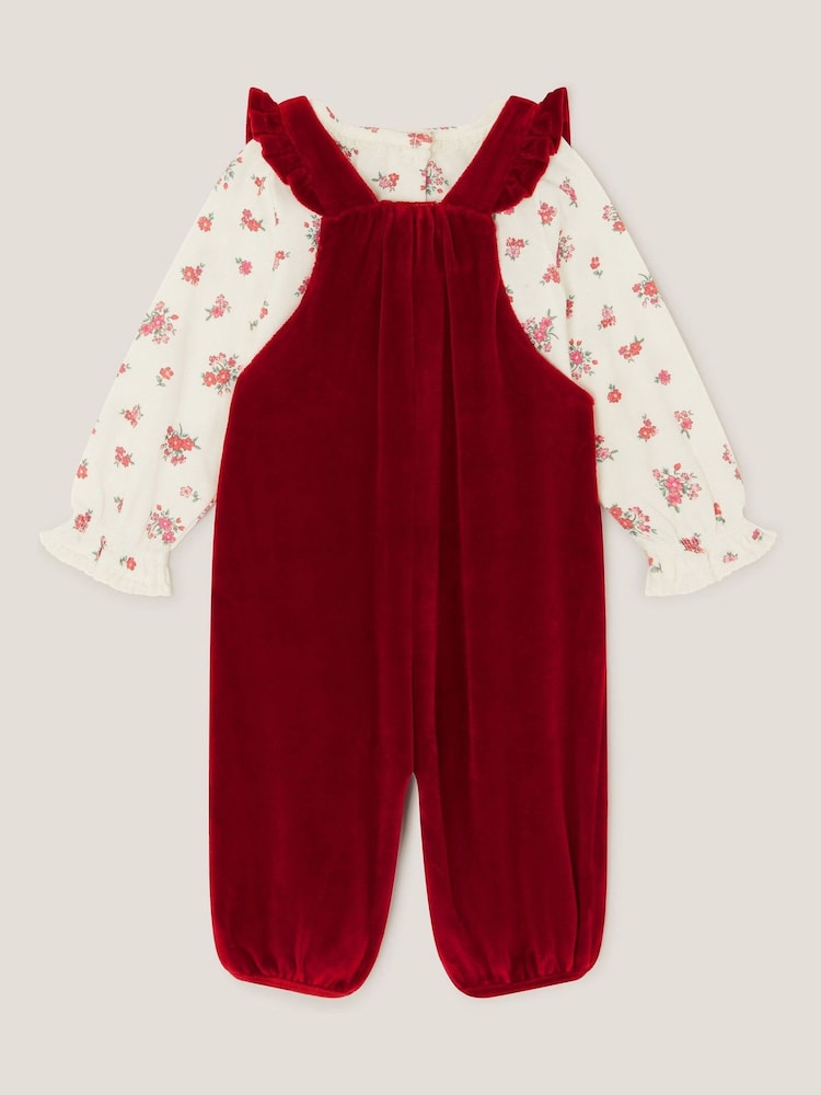 Monsoon Red Newborn Floral Top & Velour Dungarees Set - Image 2 of 3 Monsoon Red Newborn Floral Top & Velour Dungarees Set - Image 2 of 3
