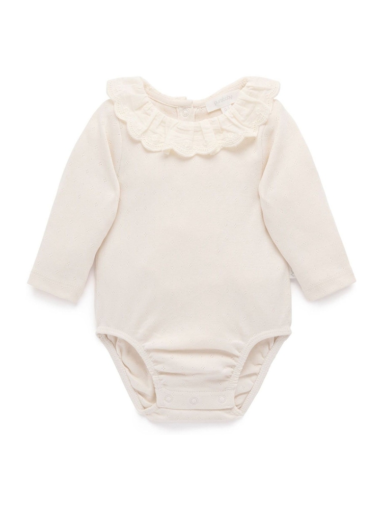 Purebaby Nude Ruffle Pointelle Bodysuit - Image 2 of 6 Purebaby Nude Ruffle Pointelle Bodysuit - Image 2 of 6