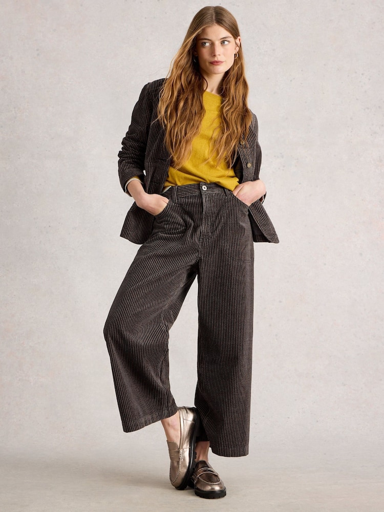 White Stuff Black Tia Cord Wide Leg Crop Trousers - Image 1 of 6