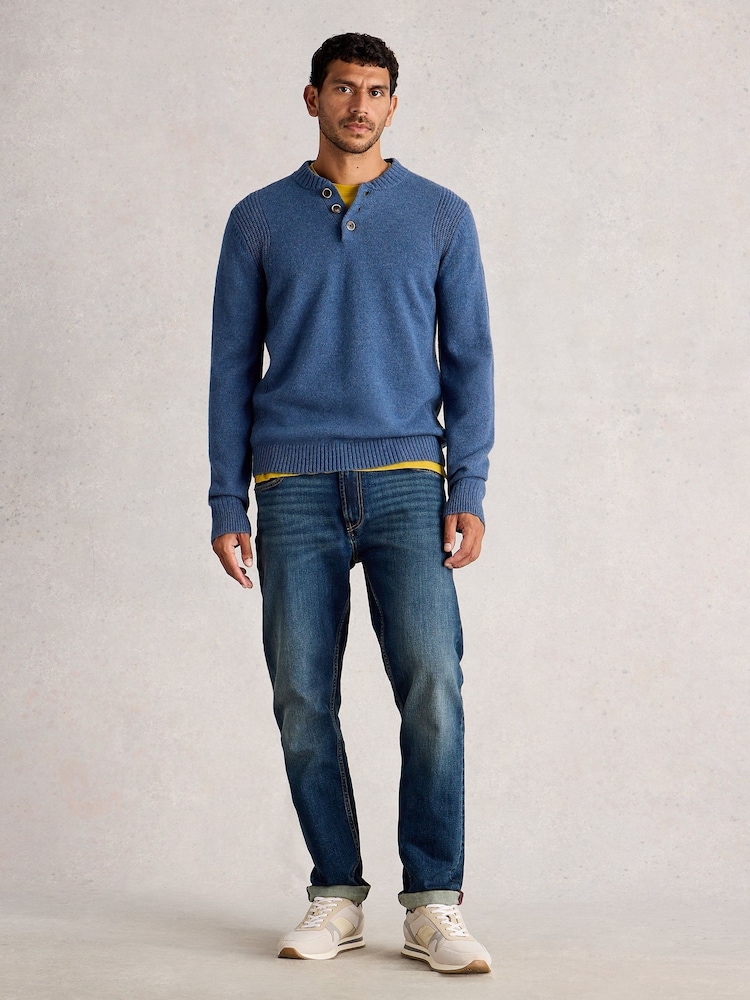 White Stuff Blue Milton Lambswool Henley Jumper - Image 2 of 6