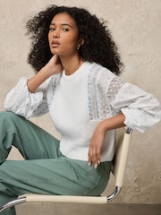 White/Blue Floral Patched Sleeve Cotton Jumper - Image 1 of 8