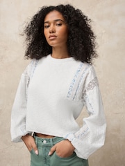 White/Blue Floral Patched Sleeve Cotton Jumper - Image 2 of 8