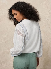 White/Blue Floral Patched Sleeve Cotton Jumper - Image 3 of 8