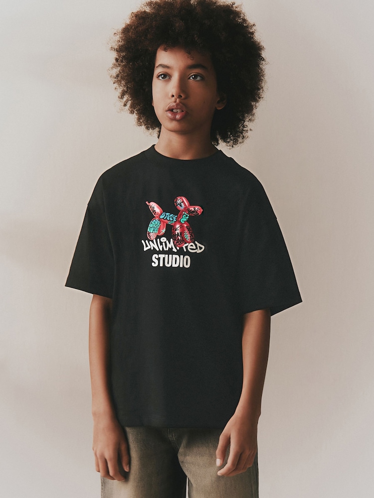 Black Graffiti Balloon Short Sleeve Graphic T-Shirt (3-16yrs) - Image 1 of 3