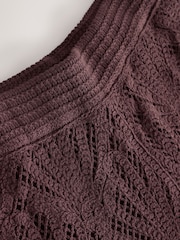 Chocolate Brown Crochet Co-Ord Shell Pattern Bermuda Knee Shorts - Image 6 of 7